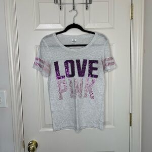Victoria’s Secret PINK Sequin Graphic Gray Short Sleeve Sparkle Logo T-Shirt L